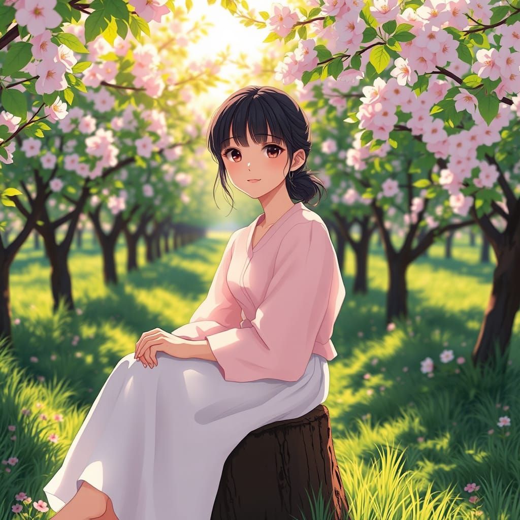 Serene Anime Girl in a Lush Orchard