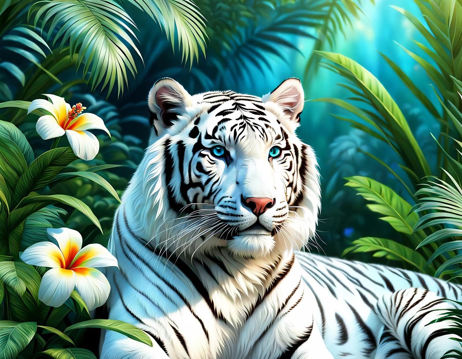 Magical White Tiger with Blue Eyes in Floral Setting