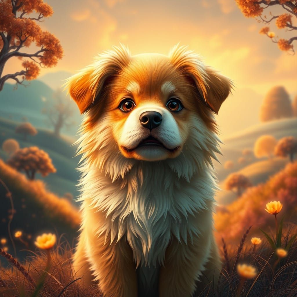 Whimsical Fantasy Realm with Adorable Dog