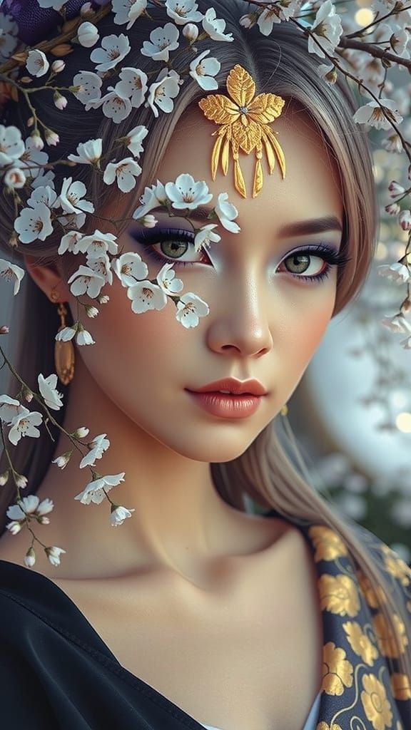 Geisha in Purple Kimono Amidst Blossoms