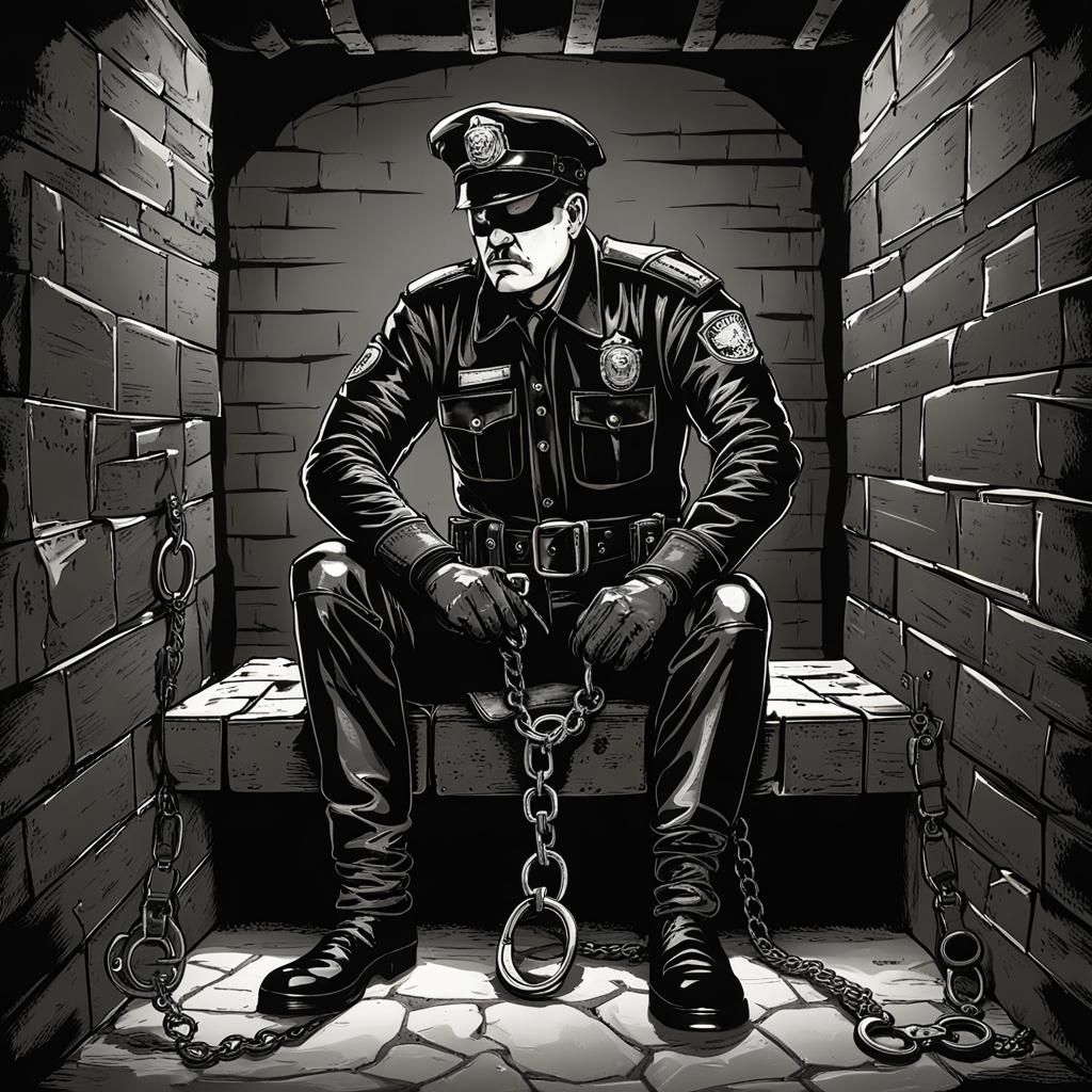 Leather Cop Awaits in Dungeon with Handcuffs