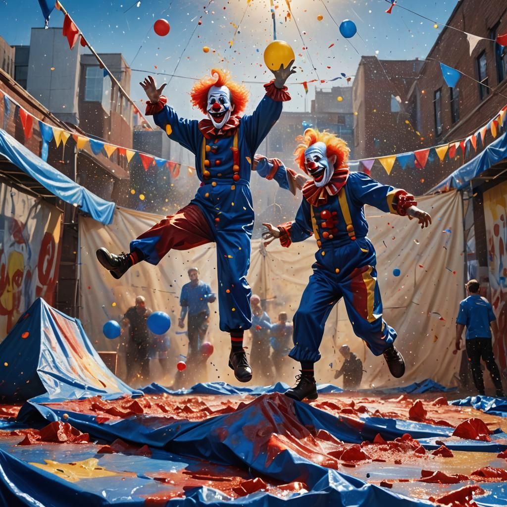 clowns in the circus doing acrobatics and on the ground a safety tarp