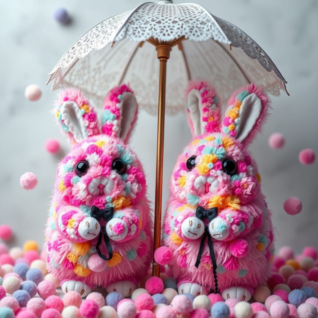 Fluffy Pom Pom Bunny Creatures in Kawaii Goth Style