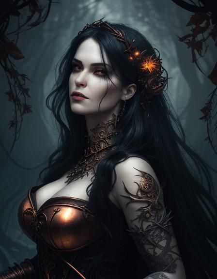 In the art style of Luis Royo. Snow White. Fairy forest. Dar...