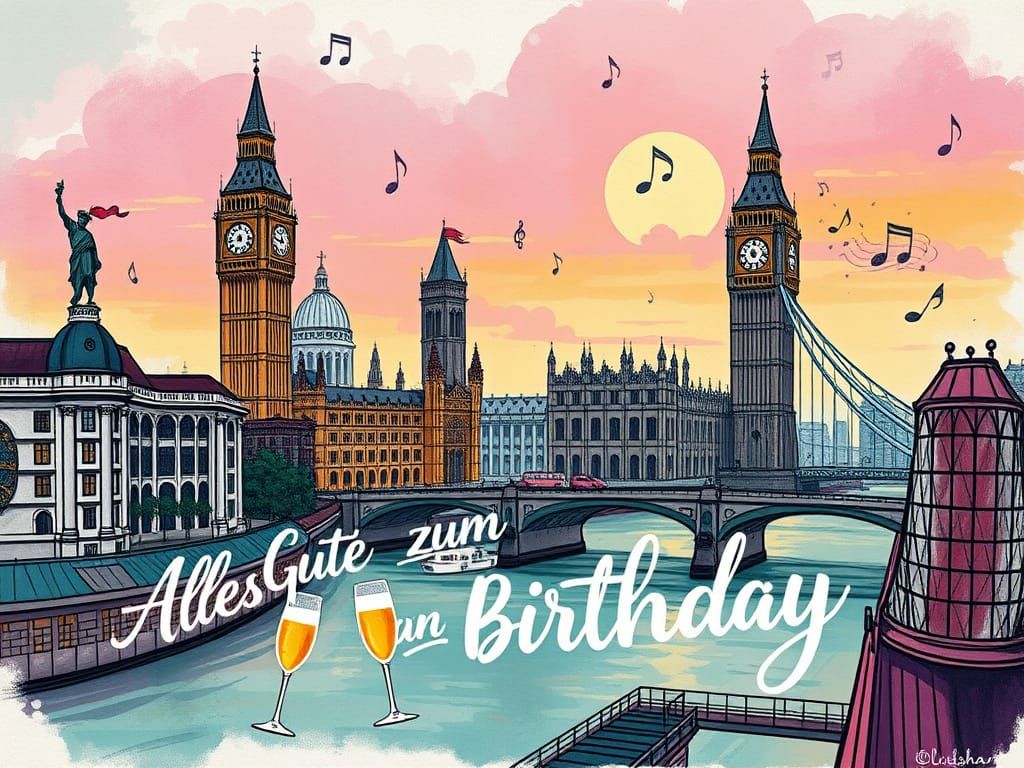 Vibrant London Cityscape Birthday Celebration in Whimsical U...
