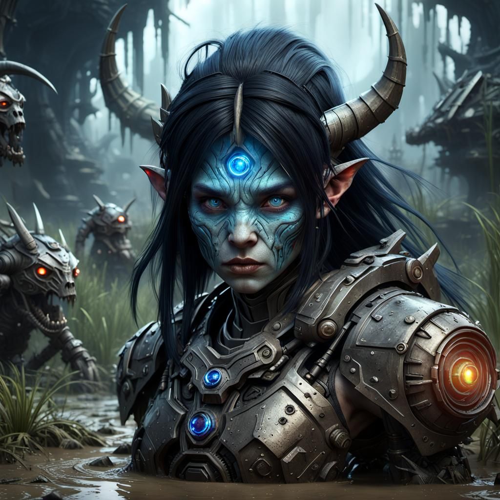 Female goblin barbarian with black hair and blue eyes is hid...