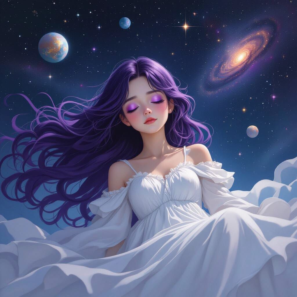Girl in White Gown Floating in Space