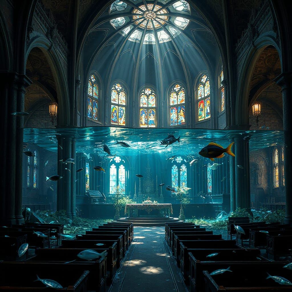 Gothic Cathedral Submerged in Crystal Sea