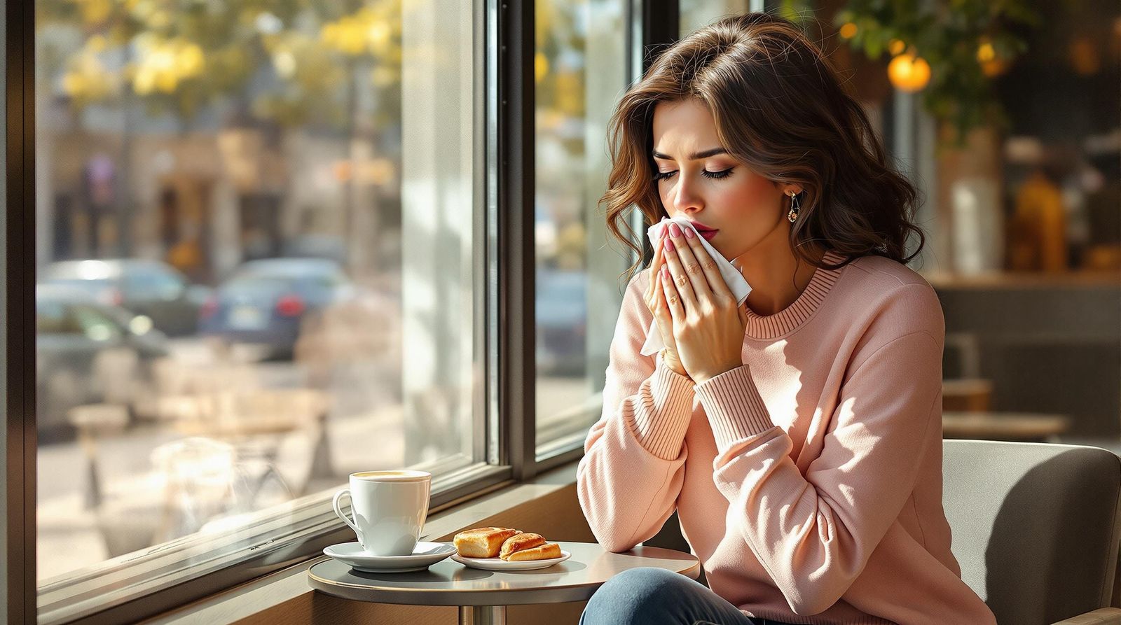 Sunny Day Starbucks Portrait of a Woman Coughing in Realisti...