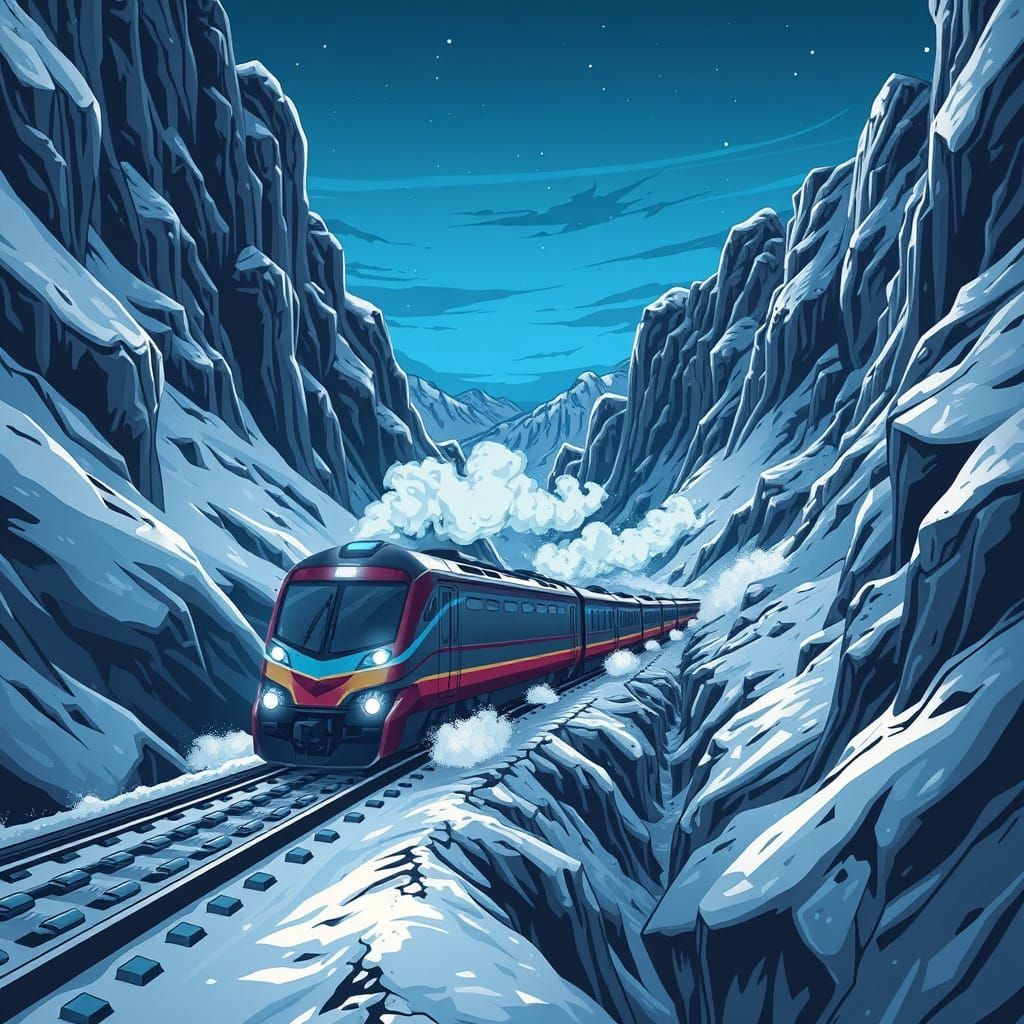 Modern Electric Train in Icy Canyon Concept Art