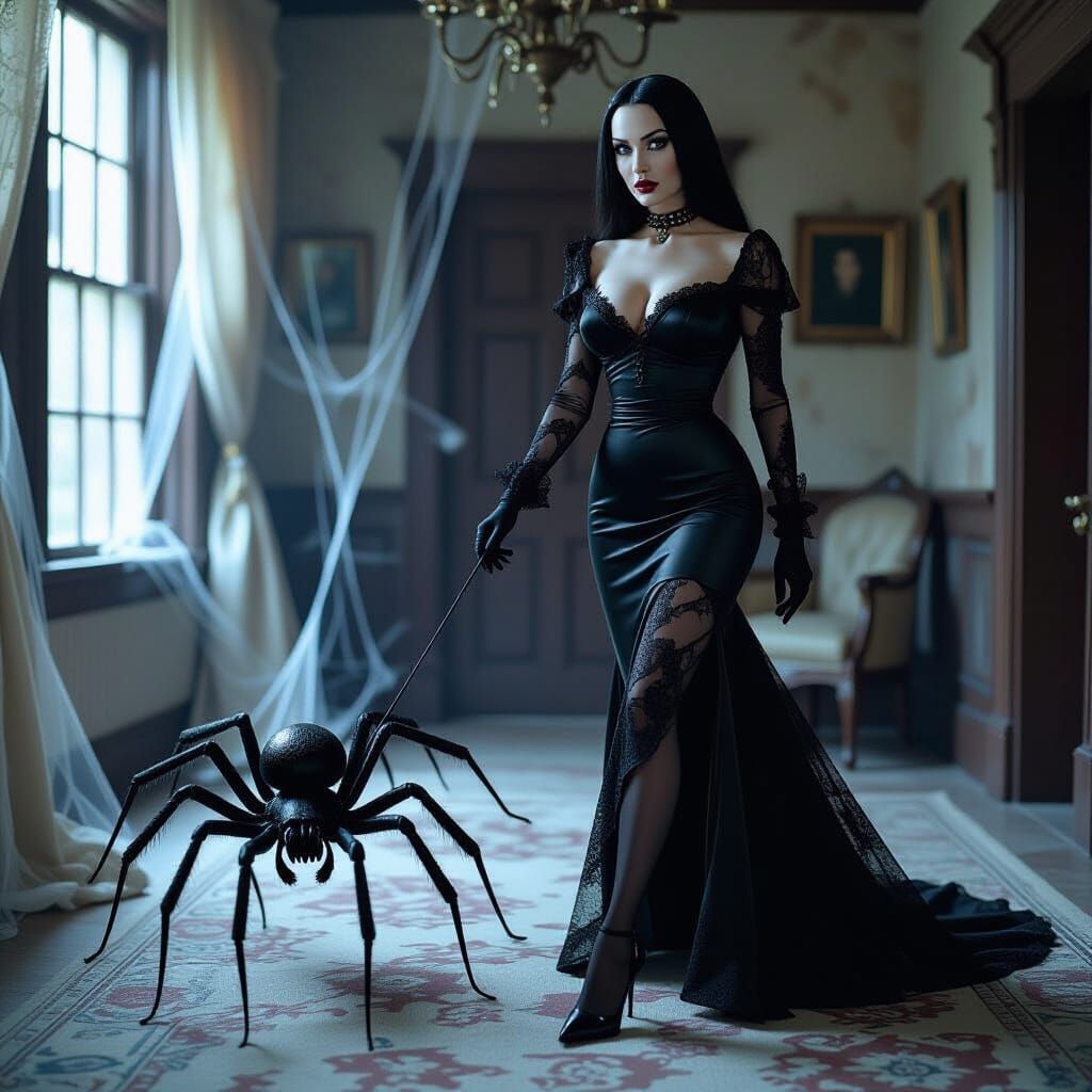 Morticia Addams and Her Spider, in Fashion Photography Style