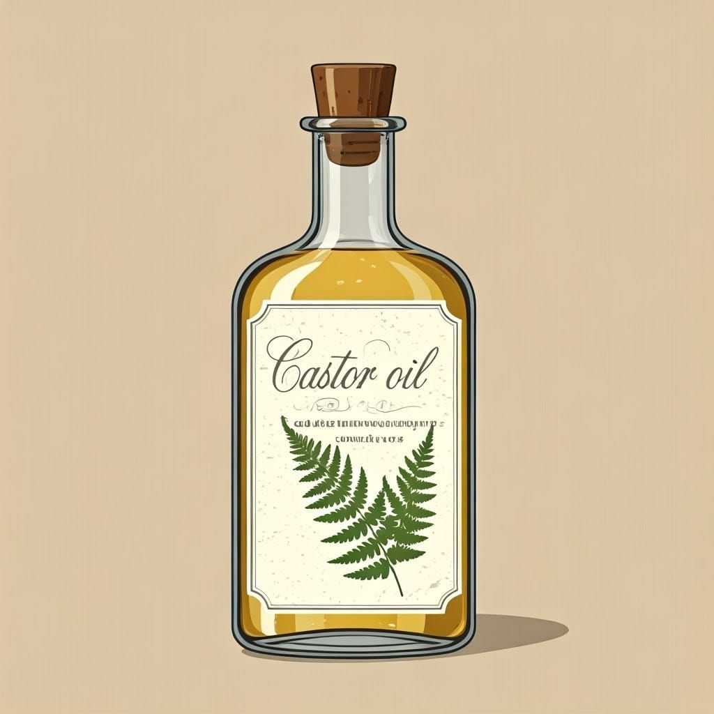 Vintage Castor Oil Bottle with Distressed Label and Green Fe...