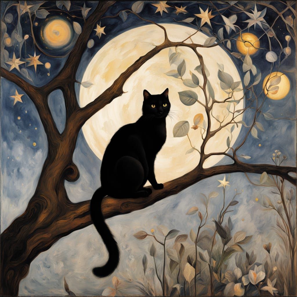 Black Cat Reaching for Moon: Abstract Watercolor