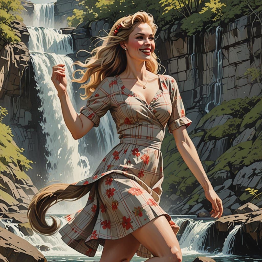 Scandinavian Lion-Woman Dances by Waterfall in Pin-Up Style