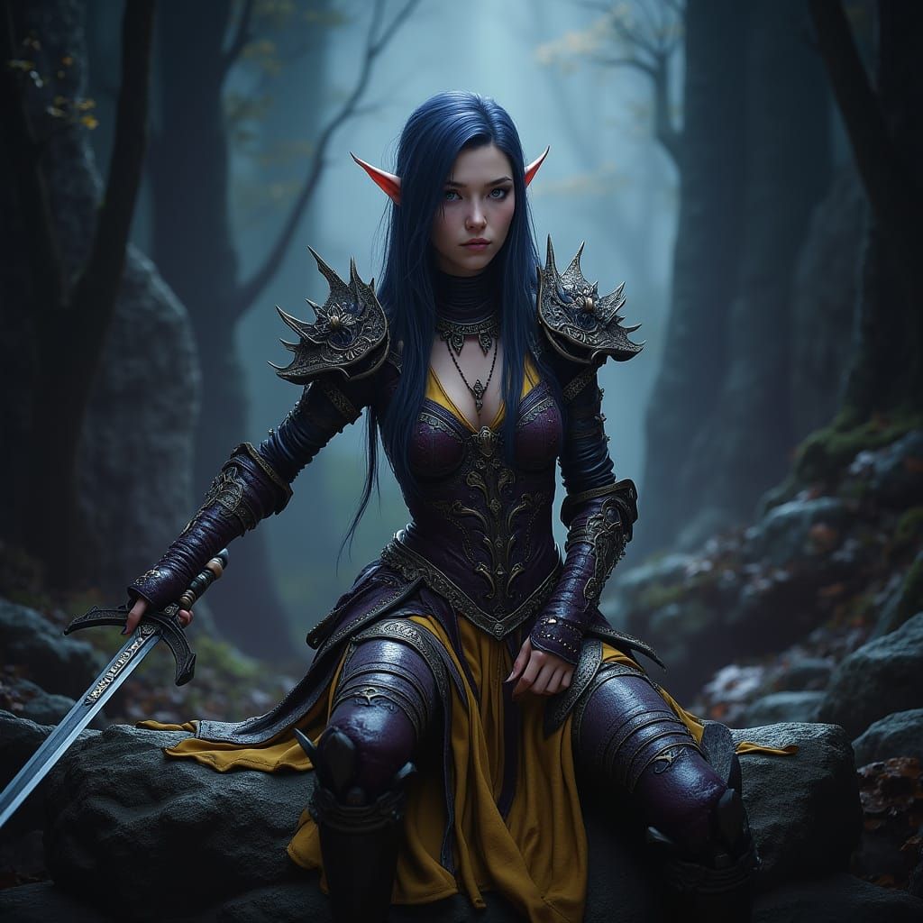 Elven Goth Warrior in Dark Fantasy Style