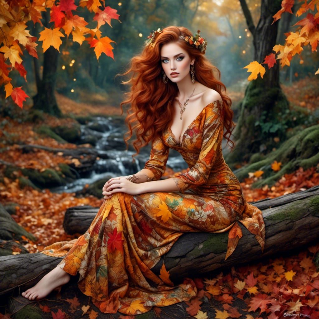 Autumn Woman in Batik Landscape