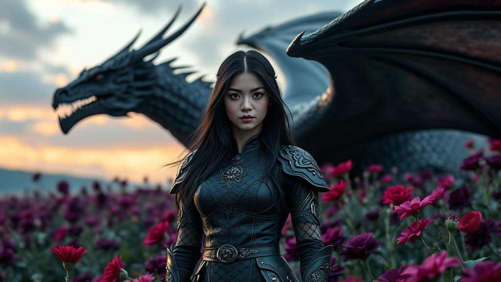 Dragon Rider with Black Dragon in Fantasy Landscape