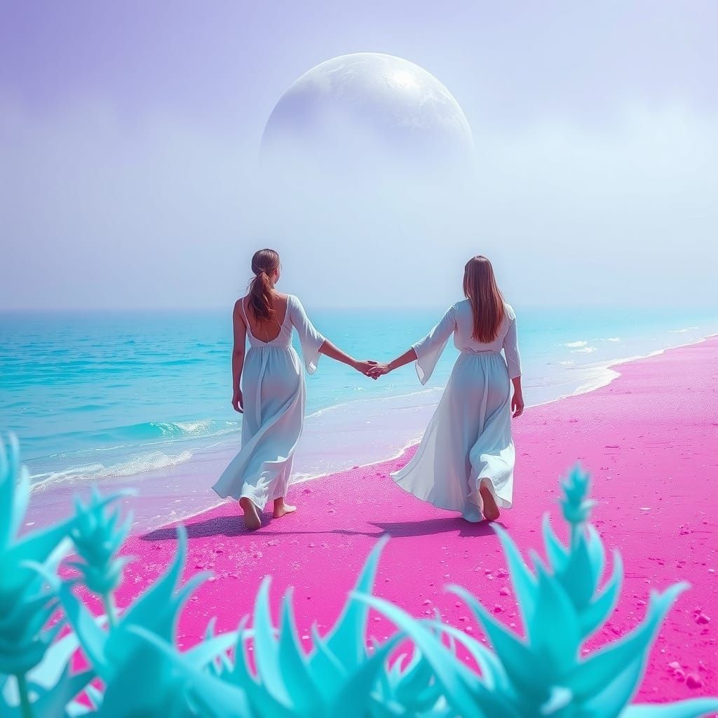 Celestial Beach Walk: Ethereal Digital Art