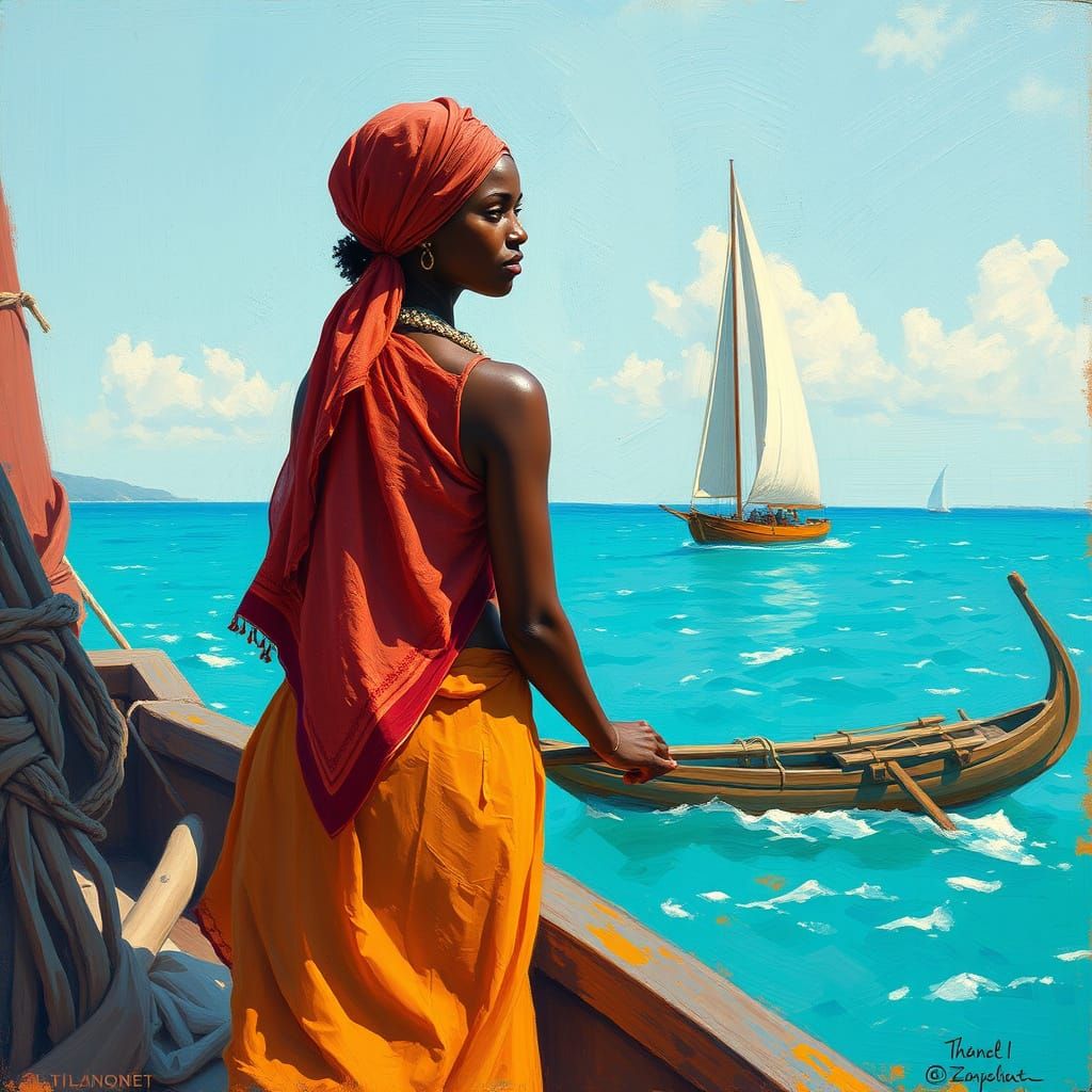 Swahili Woman Sails to Zanzibar: An Impressionist Painting