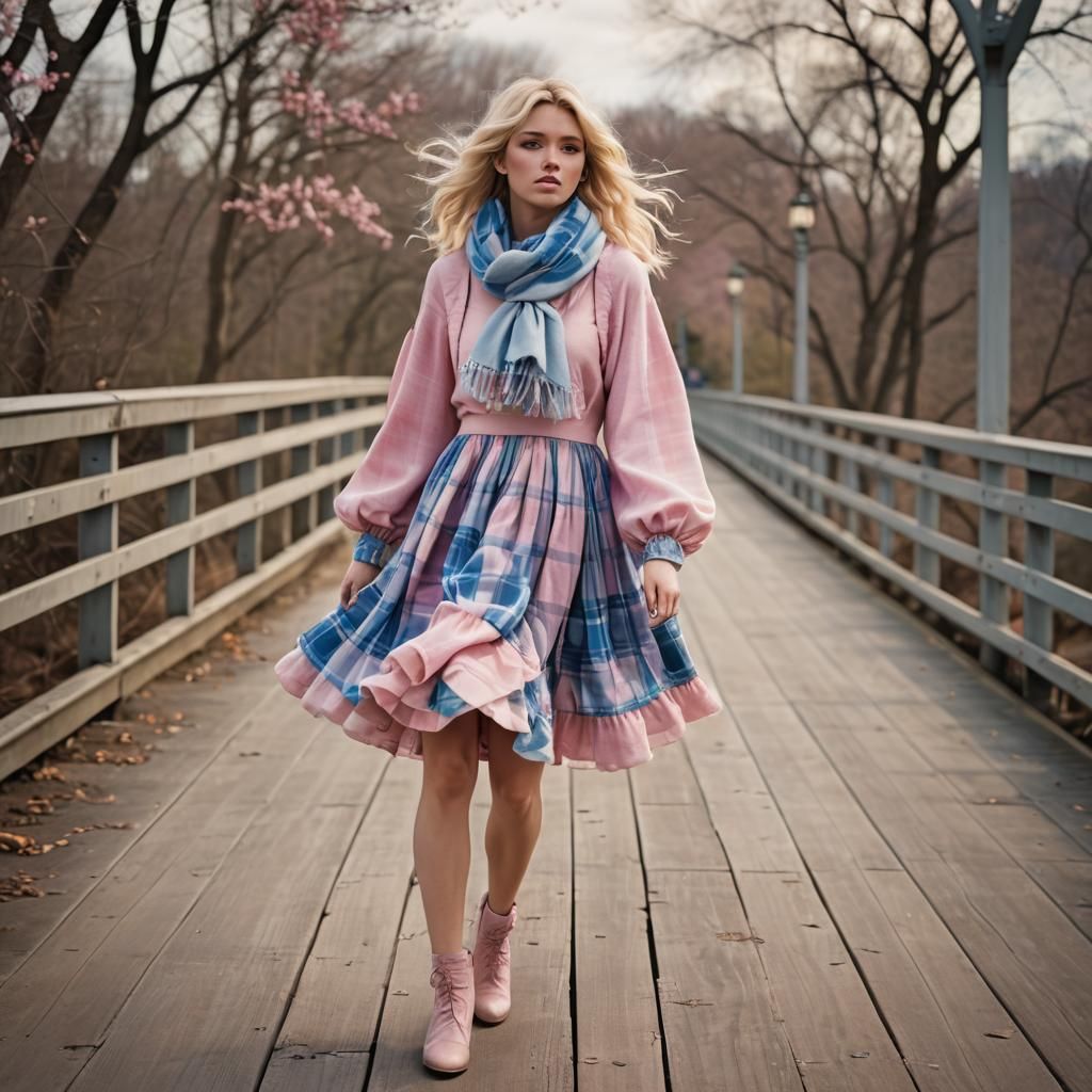 Boy in Babydoll Dress on Windy Bridge: Fashion Photo