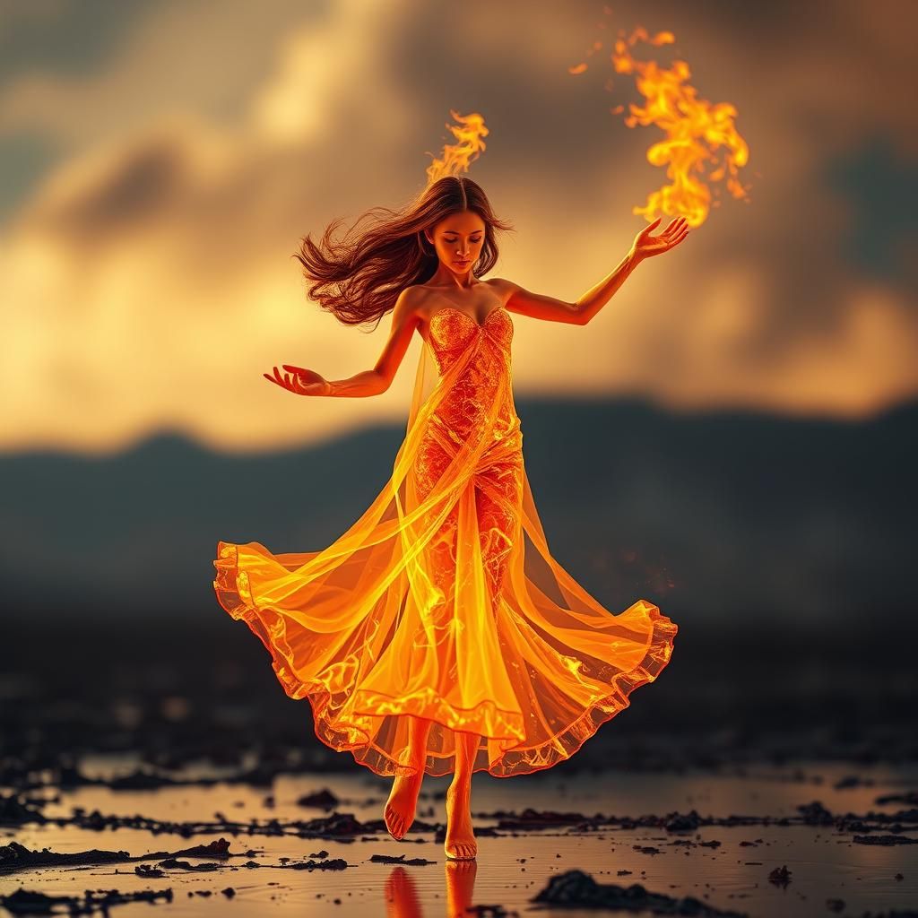 Fiery Girl Sculpture in Scorched Landscape