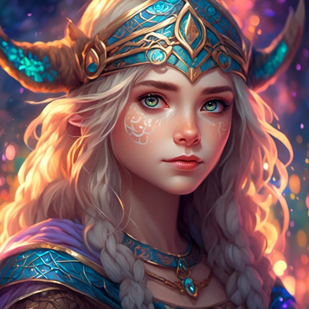Vibrant Viking Girl Portrait with Luminous Line Art