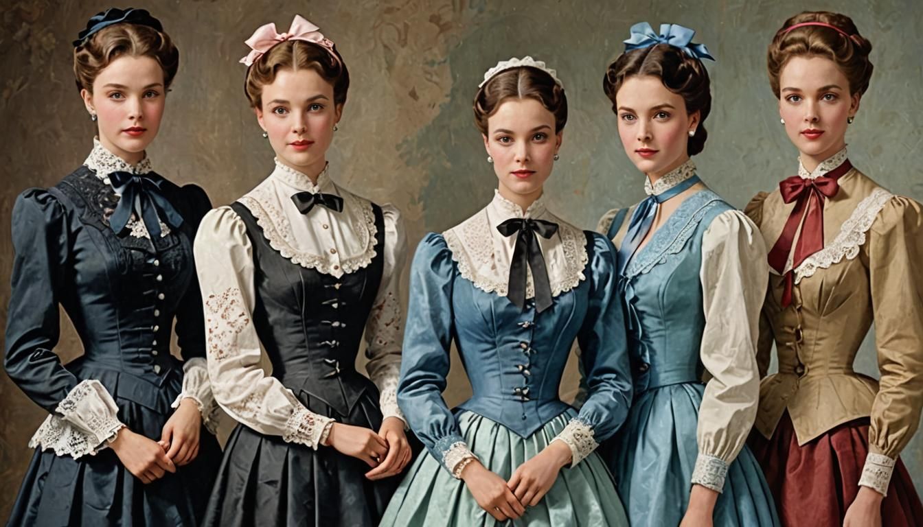 Elegant Women in Corseted Blouses and Skirts