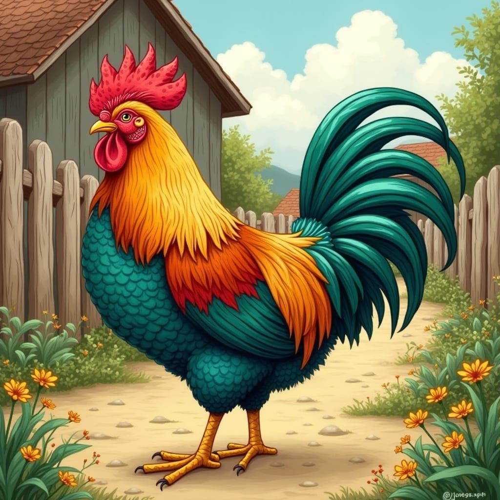 Whimsical Folk Art Chicken in Emerald and Sapphire