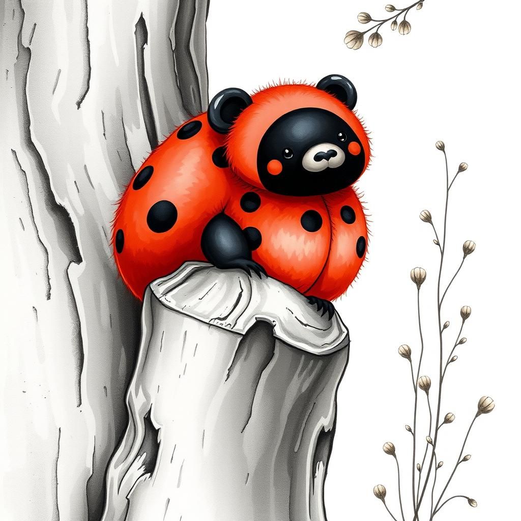 Ladybug Bear Whimsical Creature in Watercolor Illustration