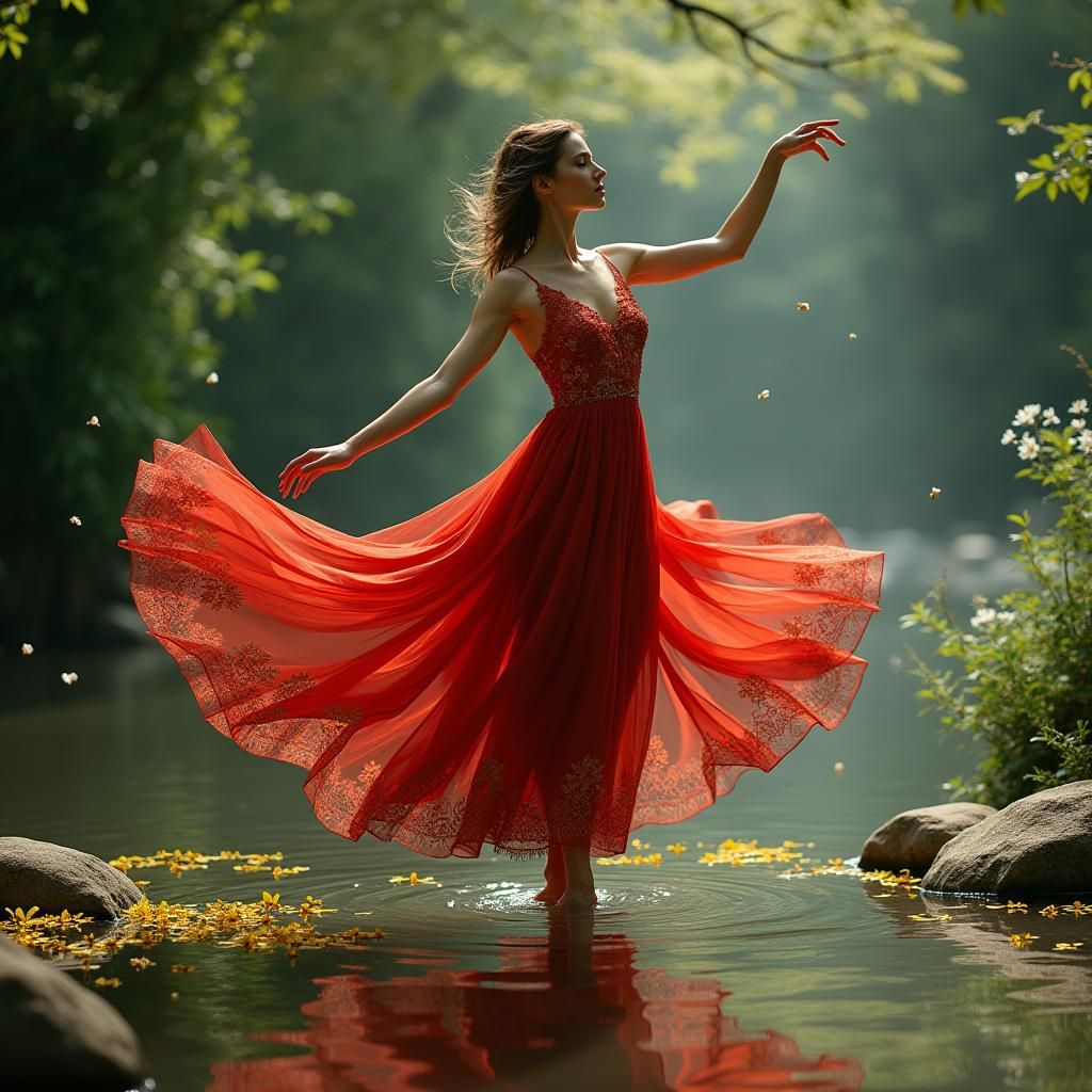 Dancer in Red Gown on Water, Evoking Dreamlike Quality
