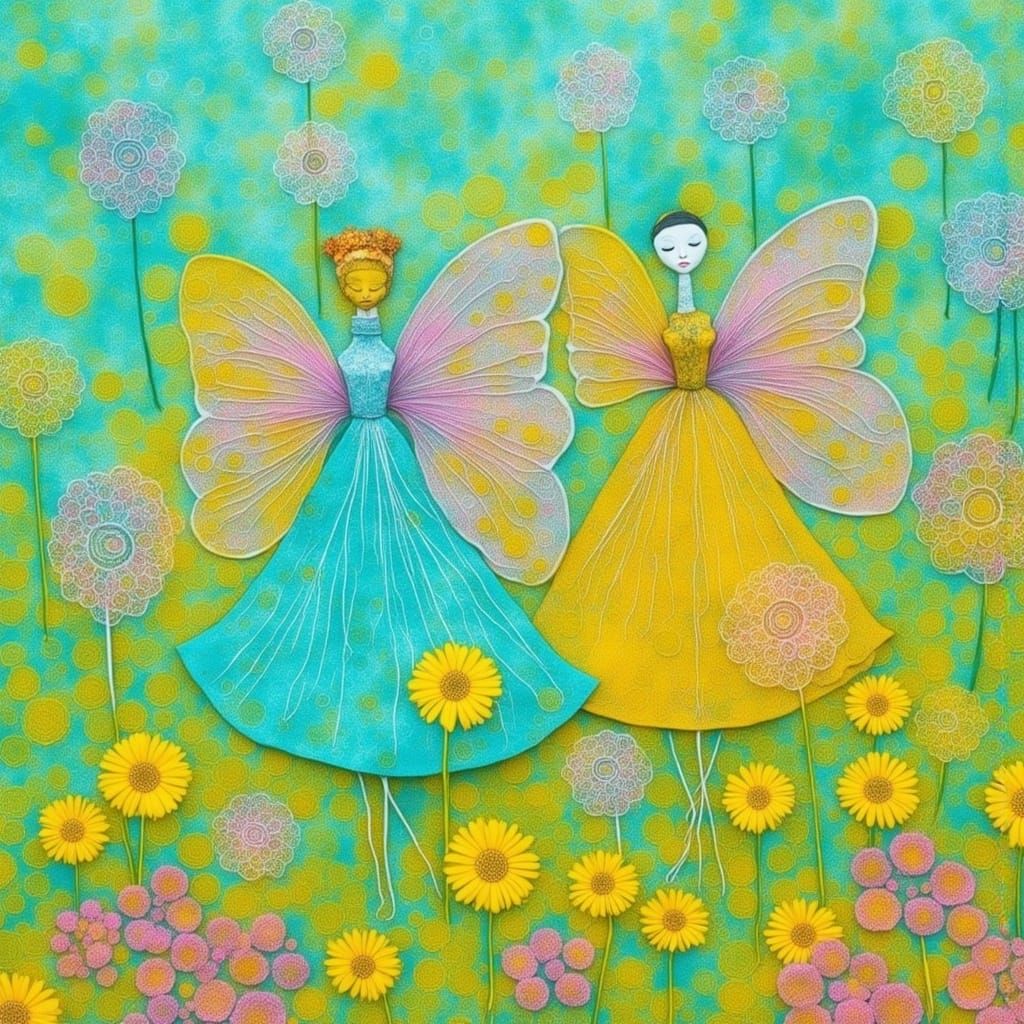 Iridescent Fairies in Dandelion Meadow, Biomorphic Art