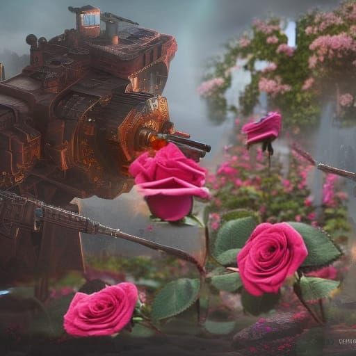 machine gun sitting in majestic rose garden of love