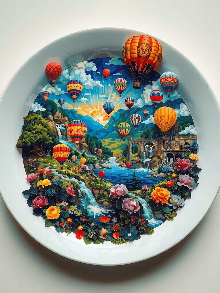 Vibrant Surreal Mosaic Scene in Golden Light