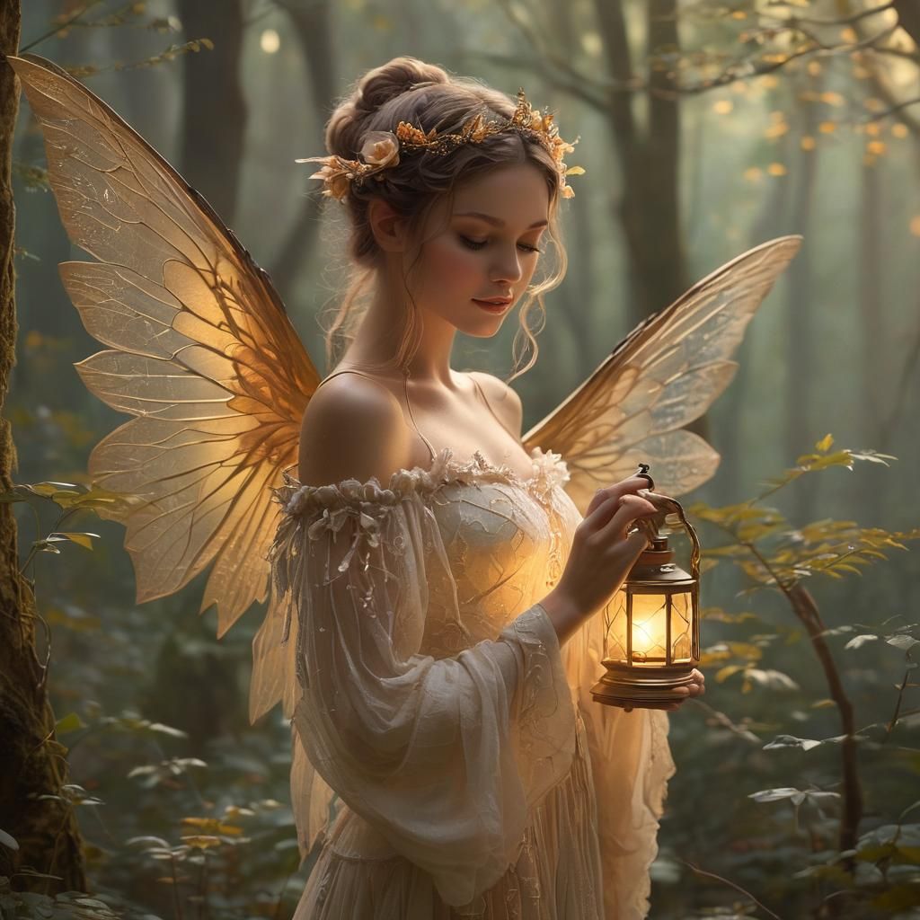 Forest Nymph Holds Lantern in Whimsical Fantasy Art