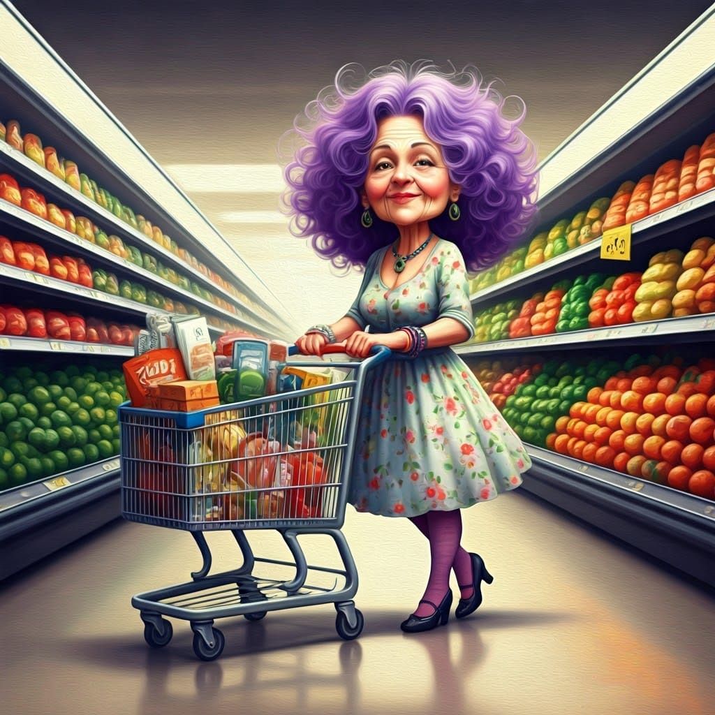 Sassy Purple-Haired Grandma Shopping in Style