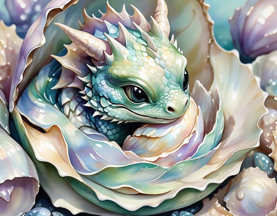 Whimsical Baby Dragon in Oyster Shell Illustration