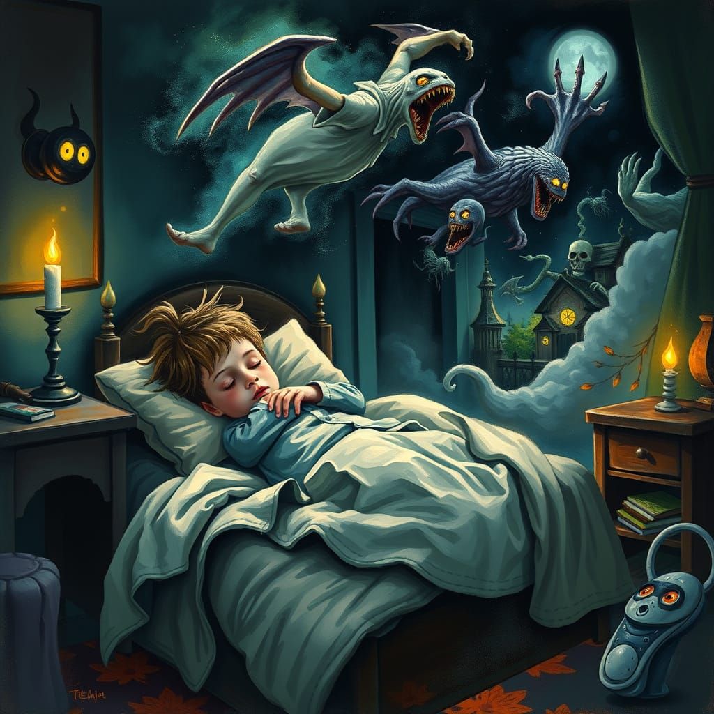 The boy dreams about ghosts and monsters