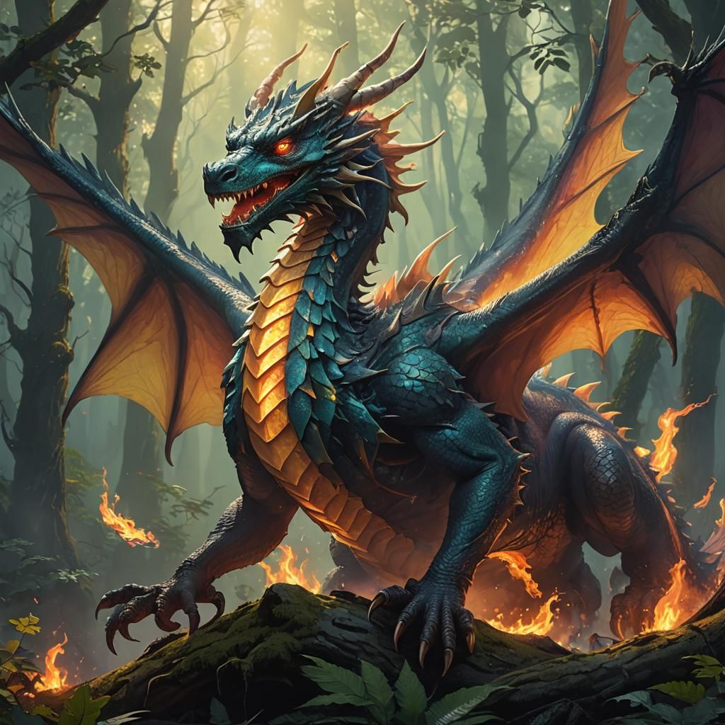 Majestic Dragon Breathing Fire in Mystical Forest