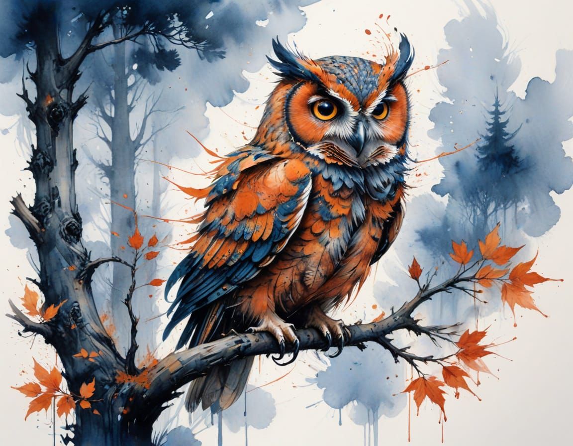 Owl on Branch: Japanese Ink Wash Style