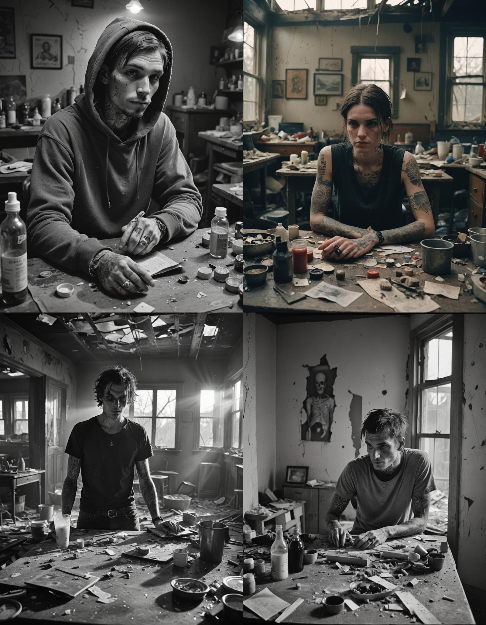Black and White Image of Addict in Destroyed House