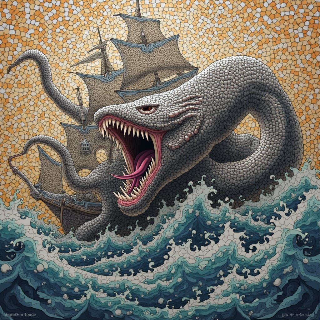 Kraken Attacks Ship in Abstract Mosaic Style