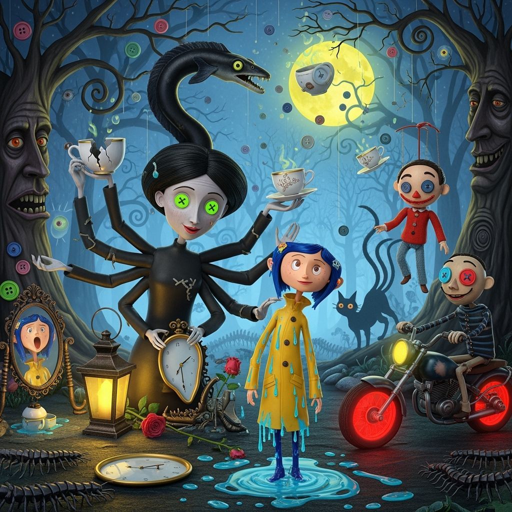 Surreal Pink Palace Scene with Twisted Coraline Characters