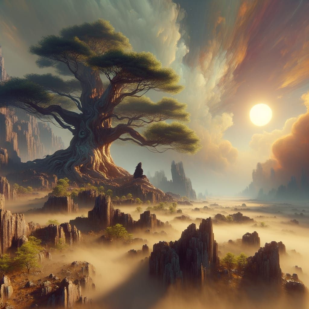 Surreal Landscape with Ancient Tree in Photorealistic Style