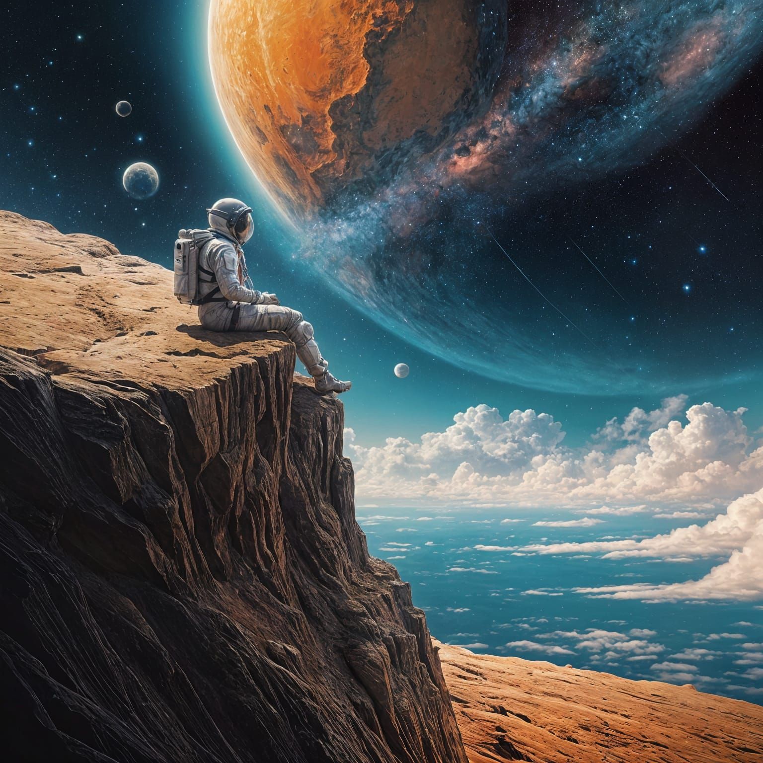 Astronaut Contemplates Earth from Cosmic Cliff