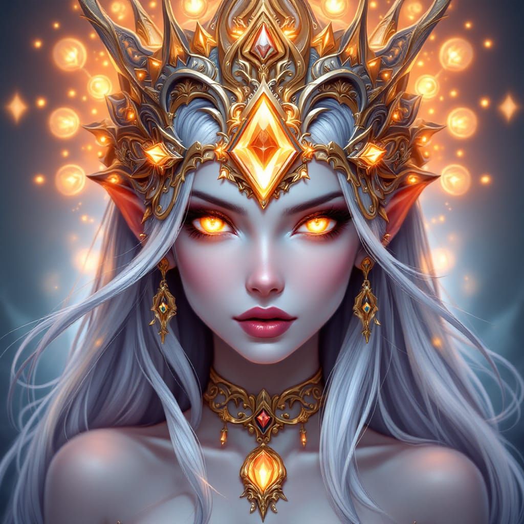 Ethereal Woman with Amber Eyes and Golden Crown