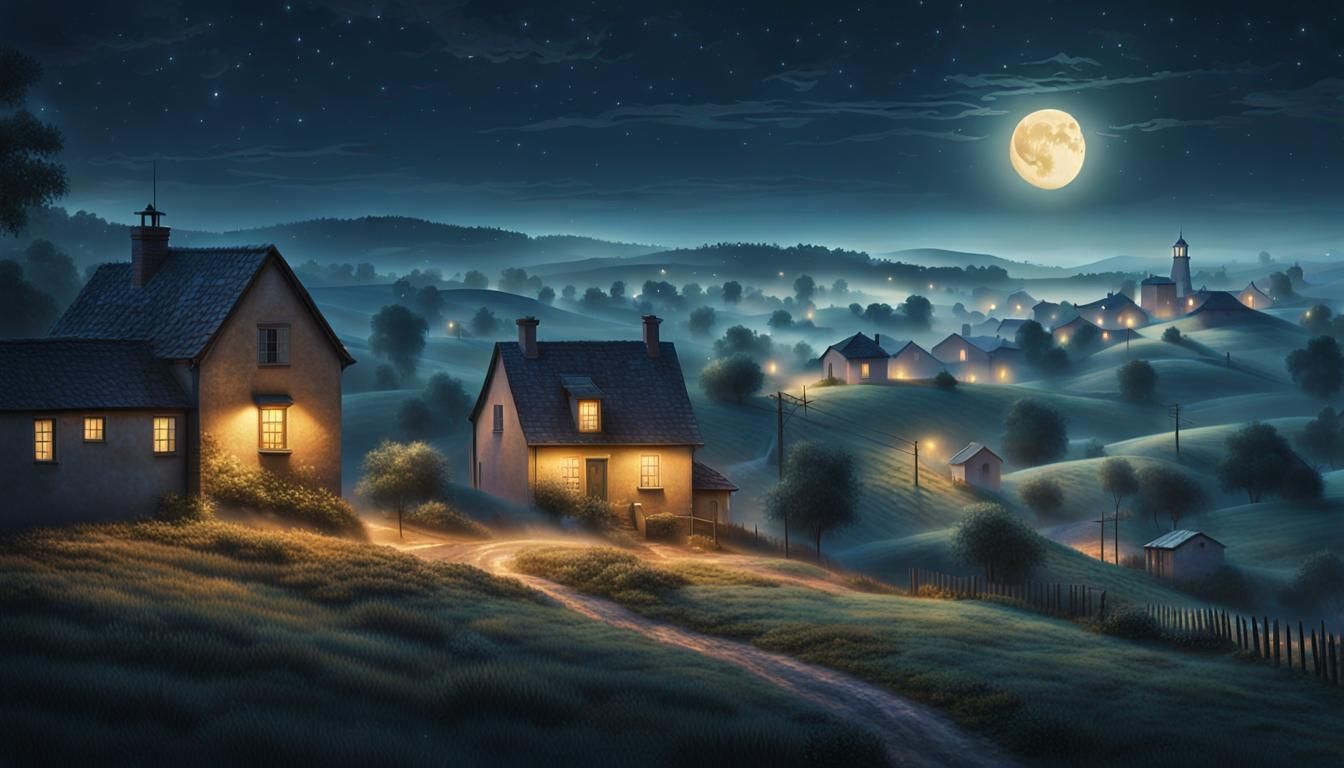 Dreamy Village Under Starry Night Sky