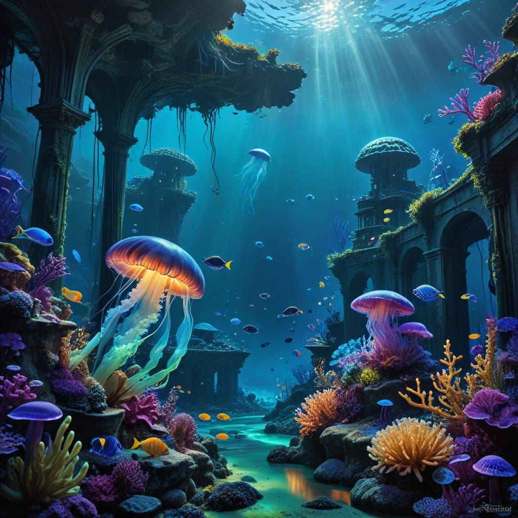 Bioluminescent Coral Reef With Fish In Ancient Ruins