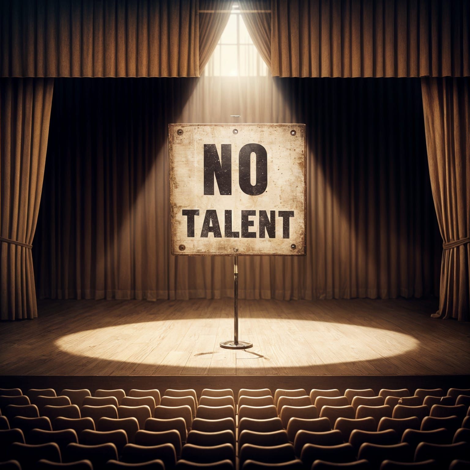 Empty Stage with Spotlight and 'No Talent' Sign