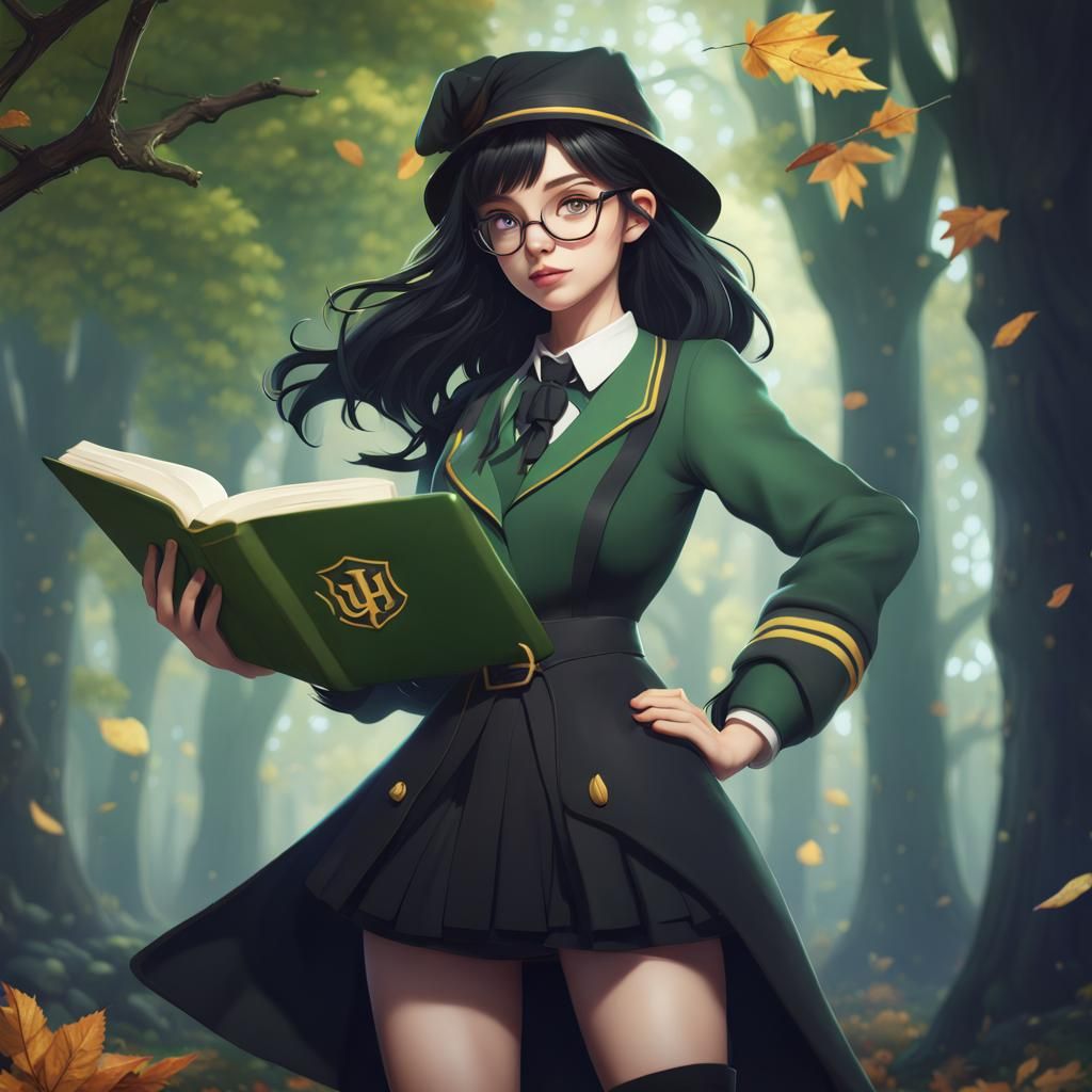 Anime Girl in Hufflepuff Uniform with Witch Hat