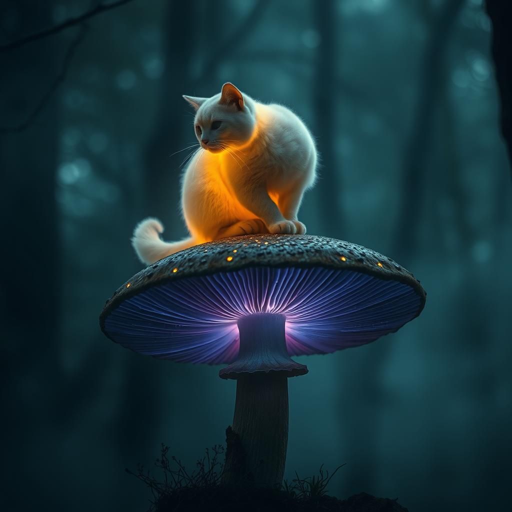 Ethereal Cat on Mushroom: Hyperrealistic Forest Scene